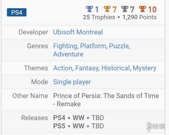 《波斯王子 时之沙 重制版》要来了?PS奖杯列表已泄露