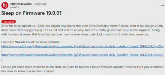 玩家反馈Switch固件更新有严重问题!待机过热 耗电多